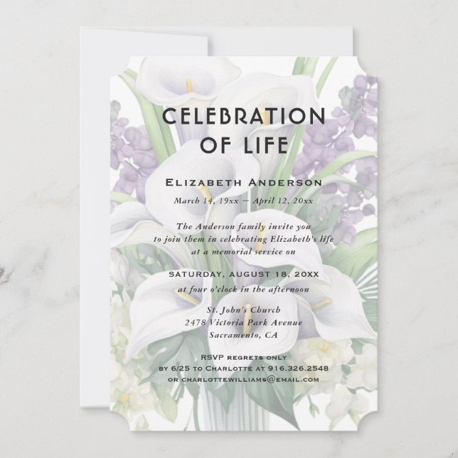 Invitación Celebración de la vida Funeral Blanco Morado Flora (Anverso)