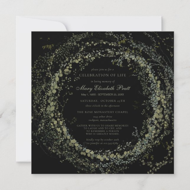 Invitación Celebración de la vida Funeral Boho Plaza Botánica (Anverso)