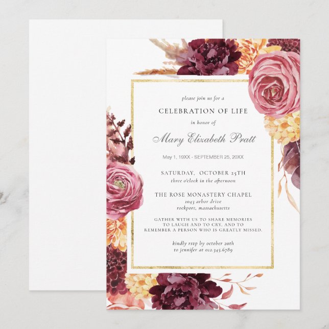 Invitación Celebración de la vida Funeral Burgundy Pink Flora (Anverso / Reverso)