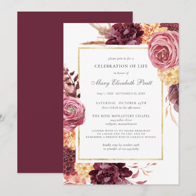 Invitación Celebración de la vida Funeral Burgundy Pink Flora (Anverso / Reverso)