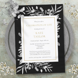 Invitación Celebración de la vida funeral con follaje negro y