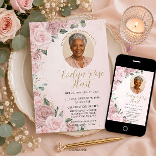 Invitación Celebración de la Vida Funeral con Foto Floral Ros