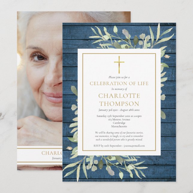 Invitación Celebración de la vida funeral con vegetación rúst (Anverso / Reverso)