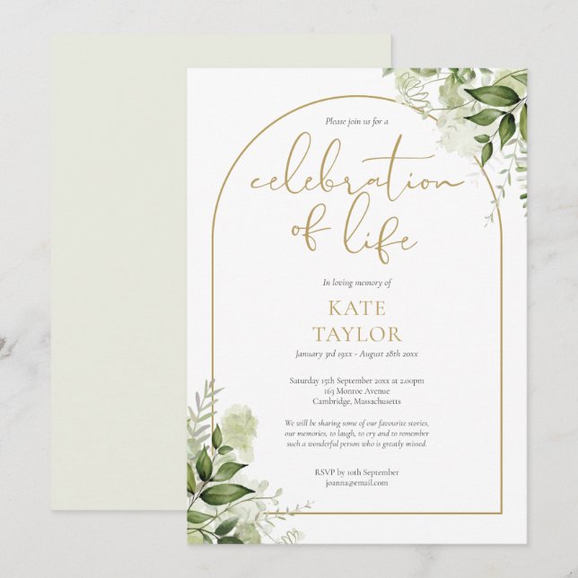 Invitación Celebración de la vida funeral de arco verde dorad (Anverso / Reverso)