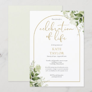 Invitación Celebración de la vida funeral de arco verde dorad