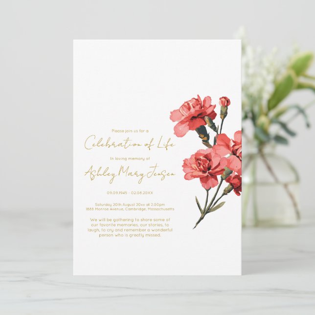 Invitación Celebración de la vida funeral de clavel (Anverso de pie)