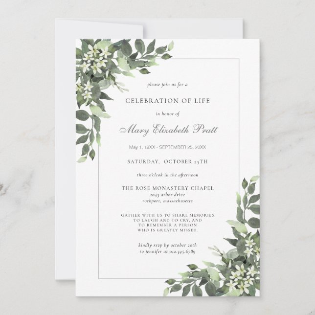 Invitación Celebración de la vida Funeral de la vegetación fl (Anverso)