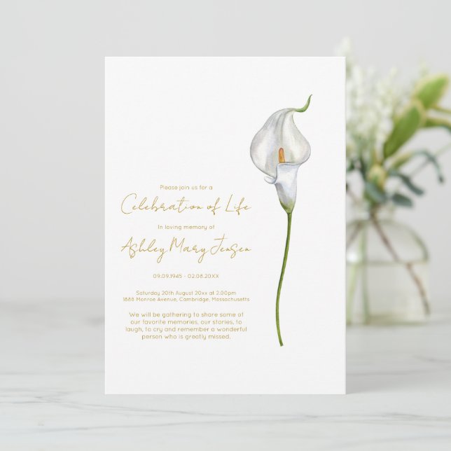 Invitación Celebración de la vida funeral de lirio calla (Anverso de pie)