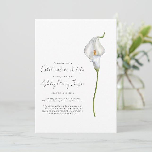 Invitación Celebración de la vida funeral de Lirio de Calla (Anverso de pie)
