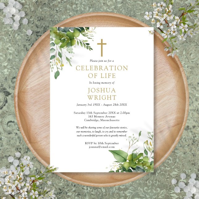 Invitación Celebración de la vida funeral de vegetación crist (Christian Greenery Celebration Of Life Funeral Invitation)