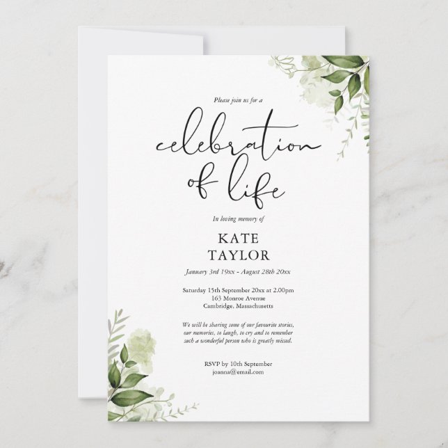 Invitación Celebración de la vida funeral de vegetación rústi (Anverso)