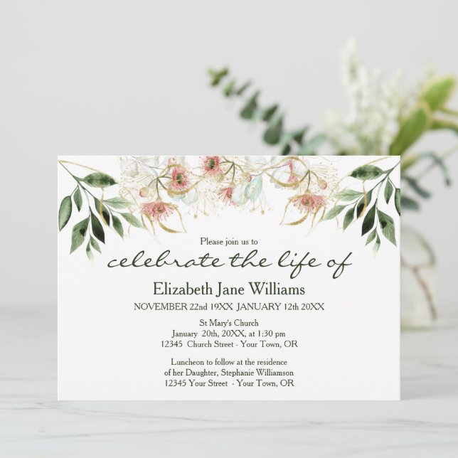 Invitación Celebración de la Vida | Funeral Eucalipto (Anverso de pie)