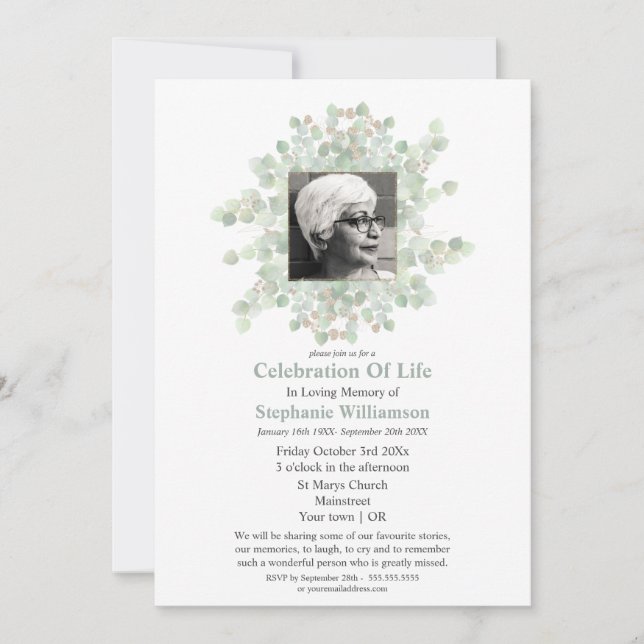 Invitación Celebración de la vida funeral Eucalipto Foto (Anverso)
