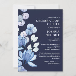 Invitación Celebración de la vida funeral floral azul marino