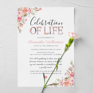 Invitación Celebración de la Vida Funeral Floral Rosa