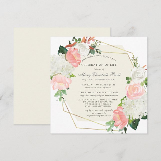 Invitación Celebración de la vida Funeral Floral Rosa Blanca  (Anverso / Reverso)