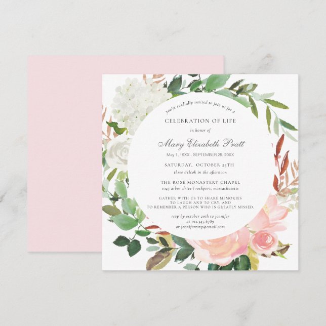 Invitación Celebración de la vida Funeral Floral Rosa Blanca  (Anverso / Reverso)