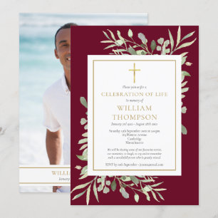 Invitación Celebración de la vida Funeral Foliage Burgundy Fo