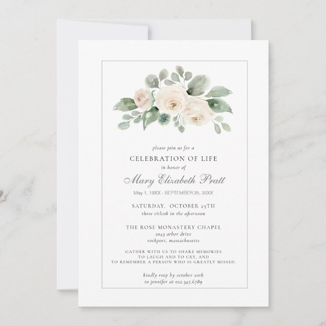 Invitación Celebración de la vida Funeral Foto Floral Blanca (Anverso)
