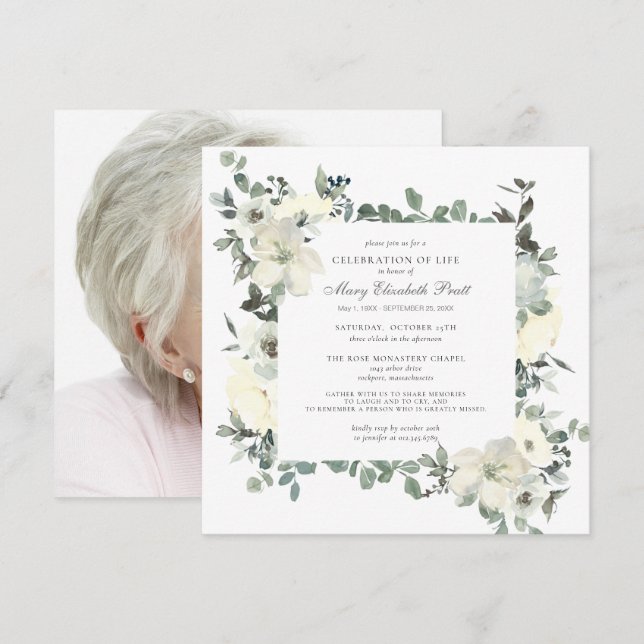 Invitación Celebración de la vida Funeral Foto Floral Blanca (Anverso / Reverso)