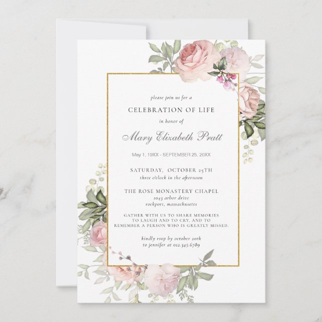 Invitación Celebración de la vida Funeral Foto Floral rosa (Anverso)