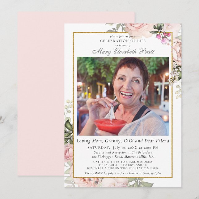 Invitación Celebración de la vida Funeral Foto Floral Rosa (Anverso / Reverso)