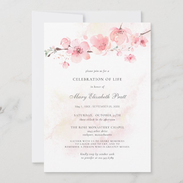 Invitación Celebración de la vida Funeral Foto Floral Rosa In (Anverso)