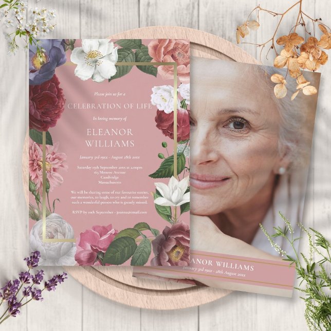 Invitación Celebración de la vida Funeral Foto Floral Rosa Ro (Celebration of Life Funeral Pink Rose Floral Photo Invitation)