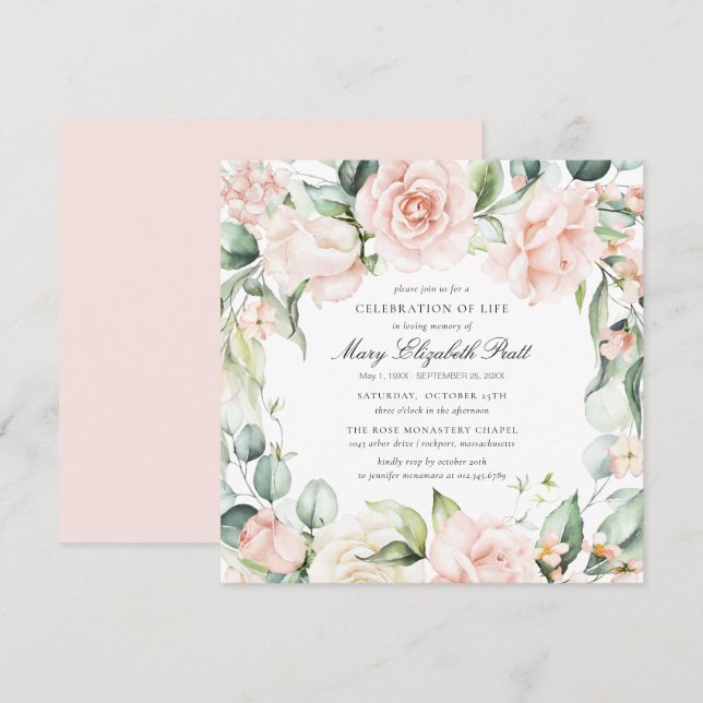Invitación Celebración de la vida Funeral Foto Rosa Floral (Anverso / Reverso)