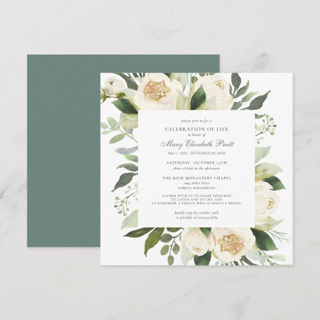 Invitación Celebración de la Vida Funeral Memorial Floral Bla (Anverso / Reverso)