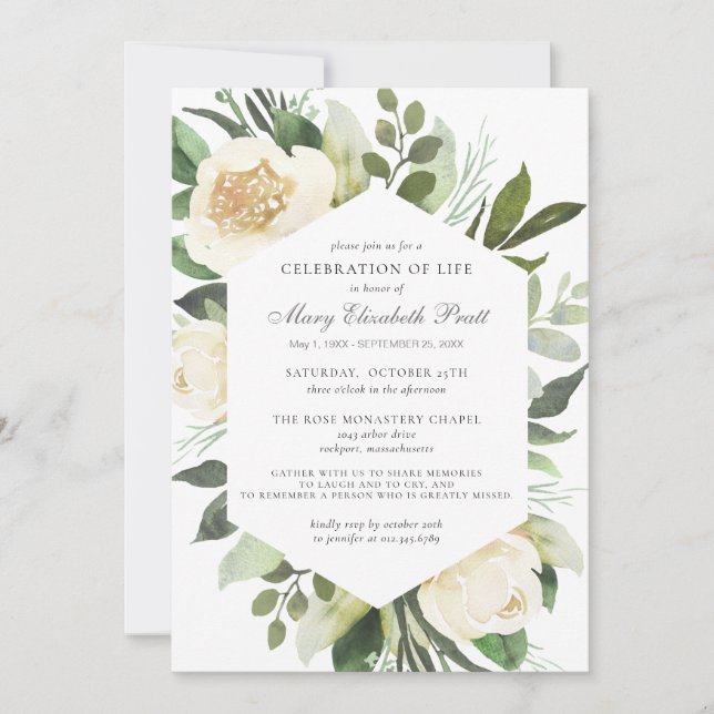 Invitación Celebración de la Vida Funeral Memorial Floral Bla (Anverso)