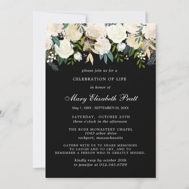 Invitación Celebración de la Vida Funeral Memorial Floral Bla (Anverso)