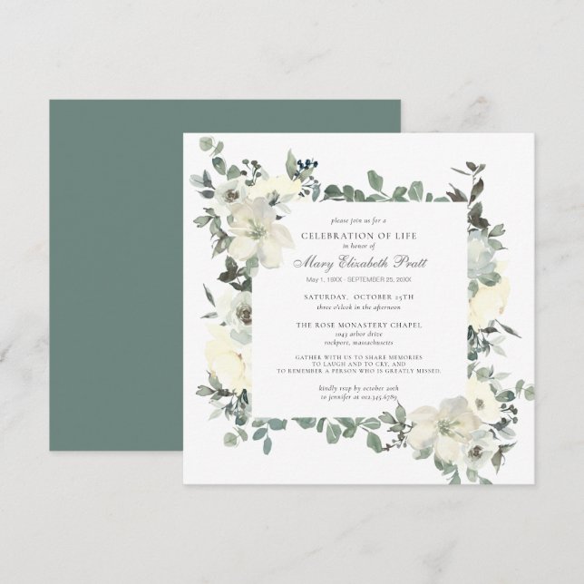 Invitación Celebración de la Vida Funeral Memorial Floral Bla (Anverso / Reverso)