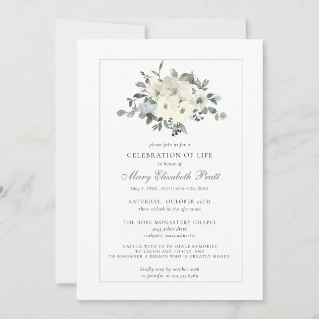 Invitación Celebración de la Vida Funeral Memorial Floral Bla (Anverso)