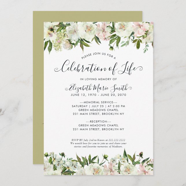 Invitación Celebración de la Vida Funeral Memorial Floral Bla (Anverso / Reverso)