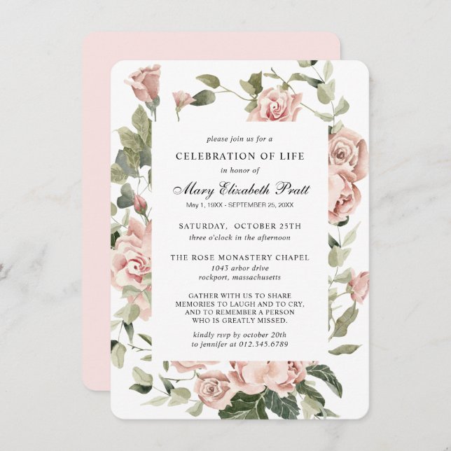 Invitación Celebración de la vida Funeral Memorial Floral Ros (Anverso / Reverso)