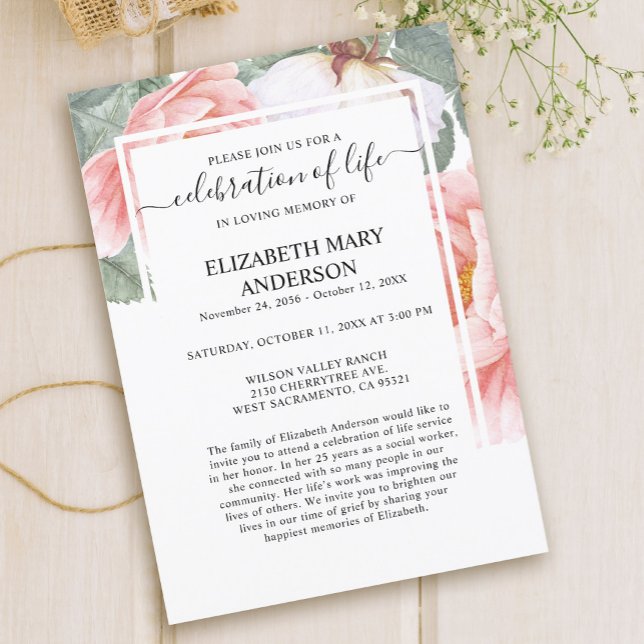 Invitación Celebración de la vida Funeral Memorial Floral Ros (Subido por el creador)