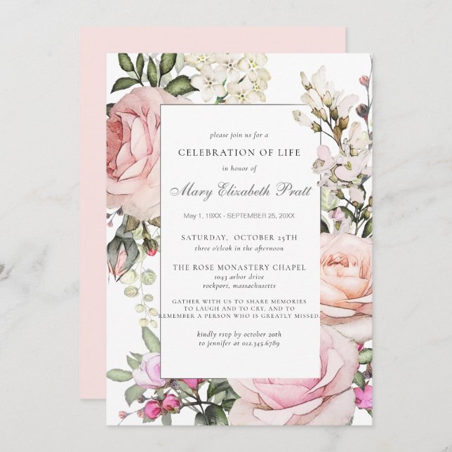 Invitación Celebración de la Vida Funeral Memorial Floral Ros (Anverso / Reverso)