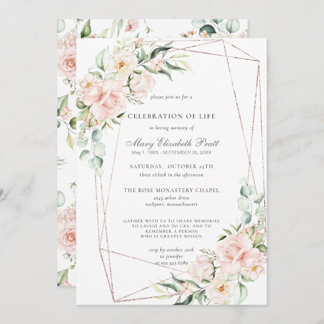 Invitación Celebración de la vida Funeral Memorial Floral Ros (Anverso / Reverso)