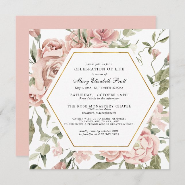 Invitación Celebración de la Vida Funeral Memorial Floral Ros (Anverso / Reverso)