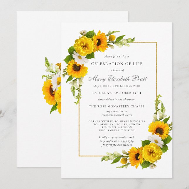Invitación Celebración de la vida Funeral Memorial girasoles  (Anverso / Reverso)