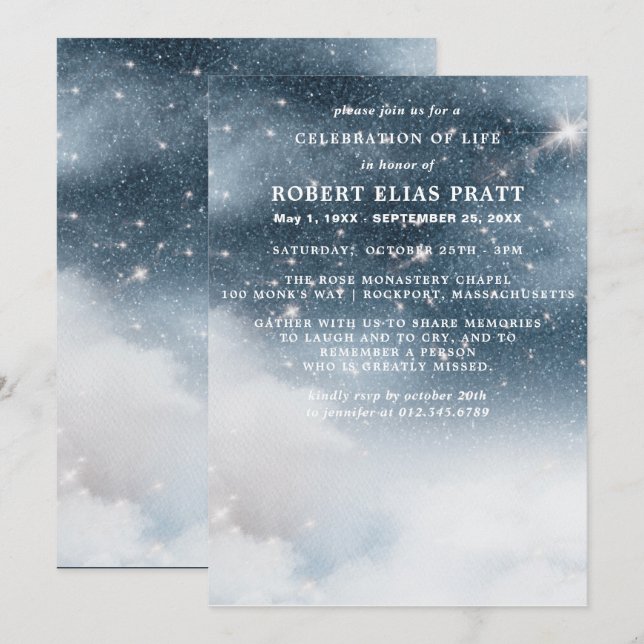 Invitación Celebración de la vida Funeral Memorial Starry Sky (Anverso / Reverso)