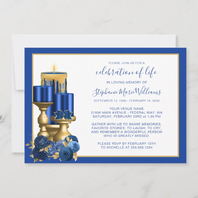 Invitación Celebración de la Vida Funeral Memorial Vela Azul (Anverso)