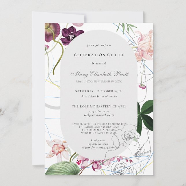 Invitación Celebración de la vida Funeral moderno Boho Floral (Anverso)