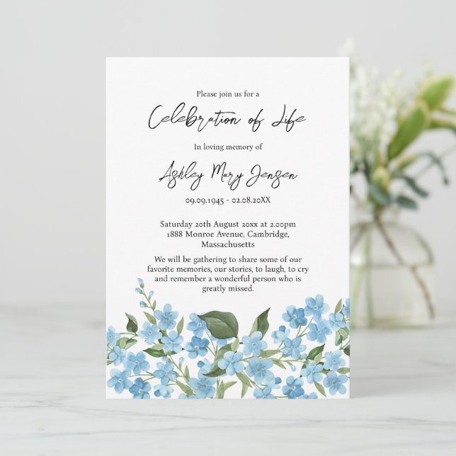 Invitación Celebración de la vida Funeral No me olvides (Anverso de pie)