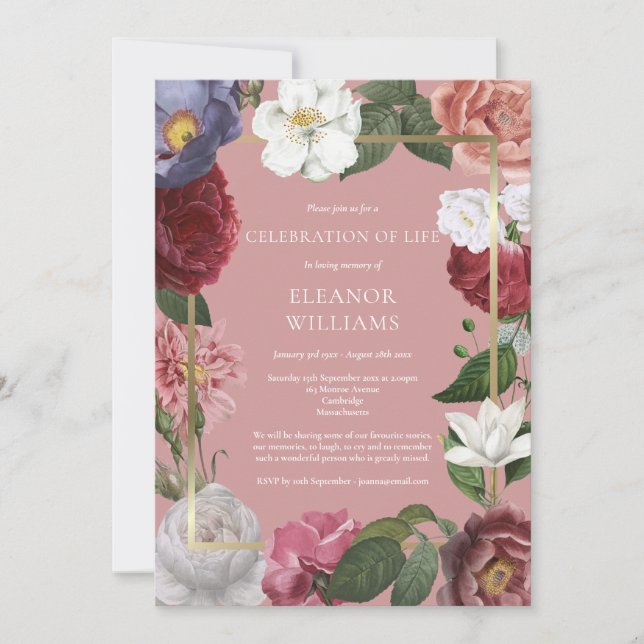 Invitación Celebración de la vida Funeral Oro Floral Rosa Ros (Anverso)