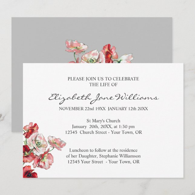 Invitación Celebración de la vida | Funeral | Poppy (Anverso / Reverso)