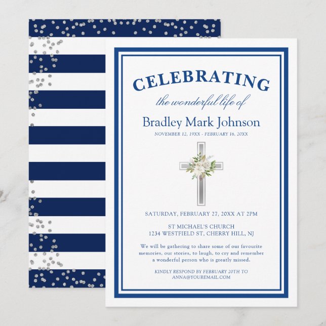 Invitación Celebración de la Vida Funeral Religioso Azul Plat (Anverso / Reverso)