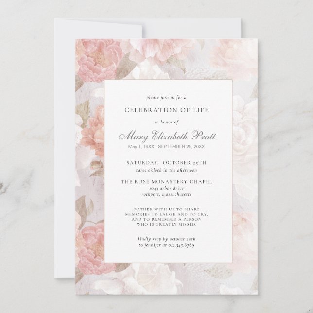 Invitación Celebración de la vida Funeral Rosa Floral (Anverso)