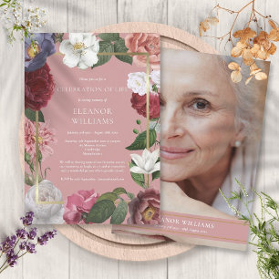 Invitación Celebración de la vida Funeral Rosa Rosa Floral Fo